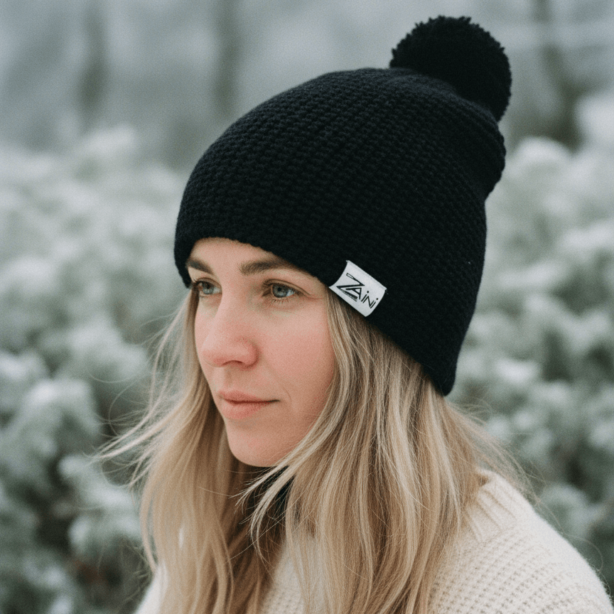Person wearing a black knit beanie with a brand logo in a snowy forest setting
