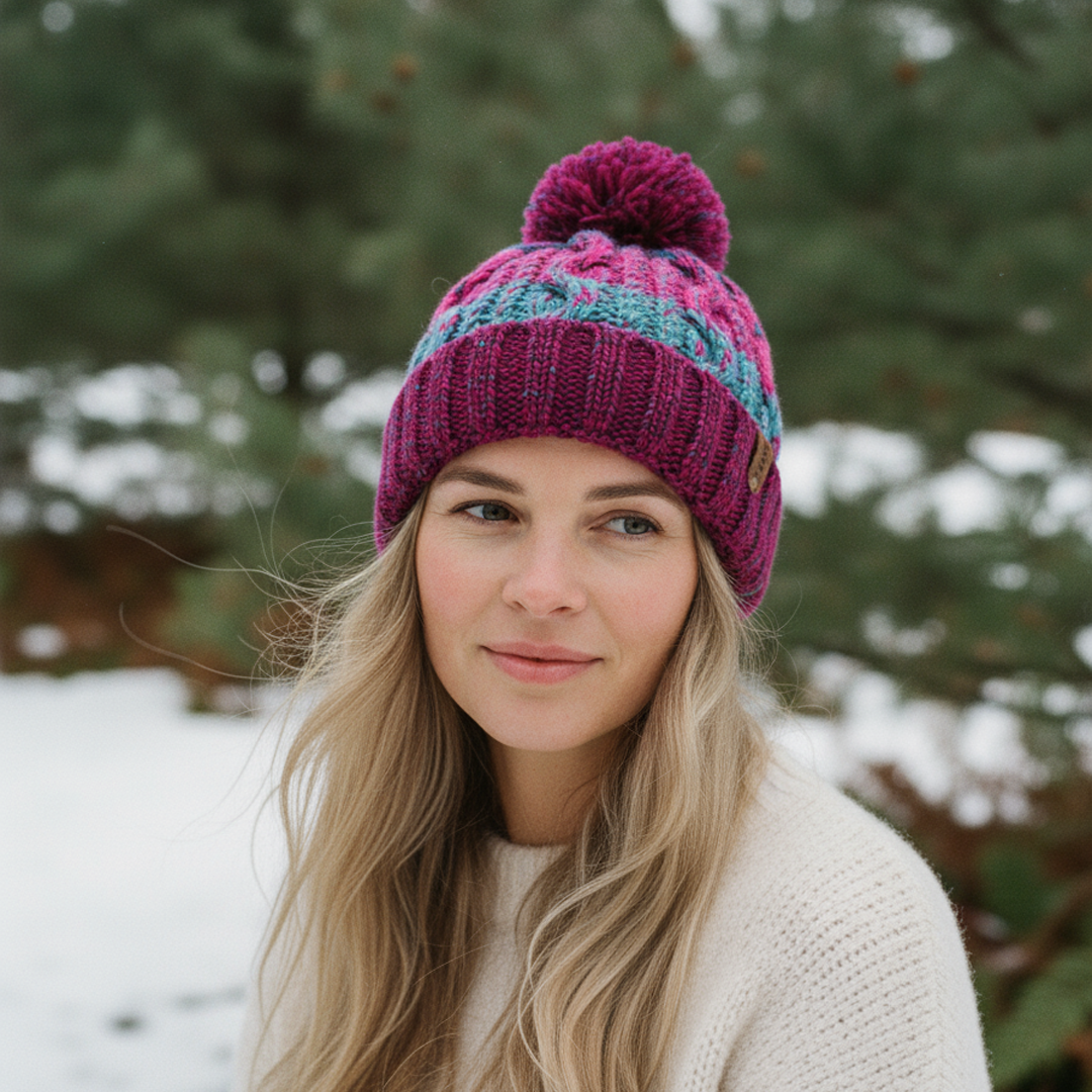 Woman wearing a colorful knit beanie in a snowy forest setting