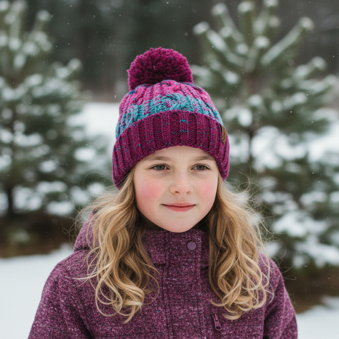 Child wearing a purple knit hat and coat in a snowy forest