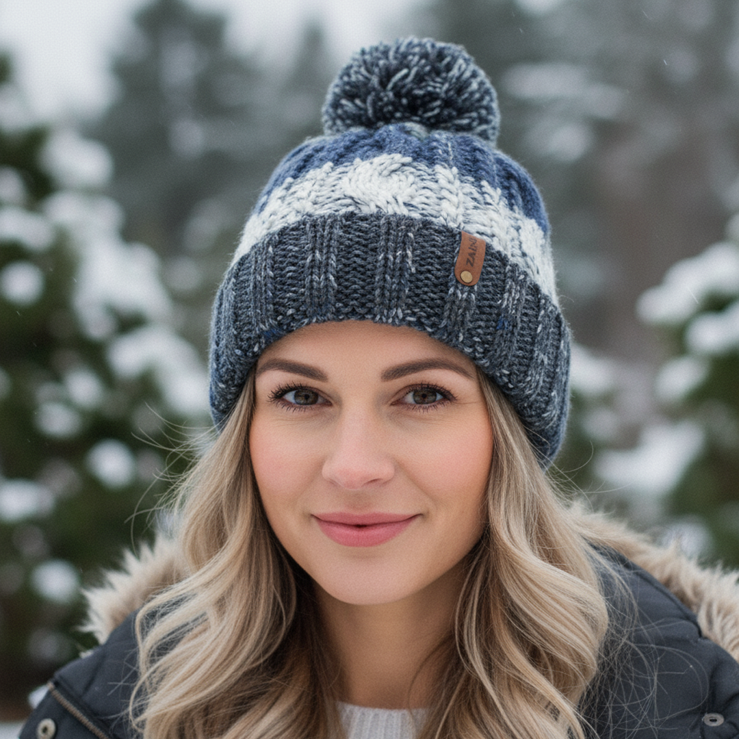 Woman wearing a blue knit beanie with a pom-pom in a snowy outdoor setting