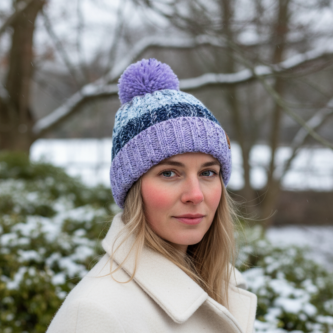 Woman wearing a purple knit beanie with a pom-pom outdoors in winter.