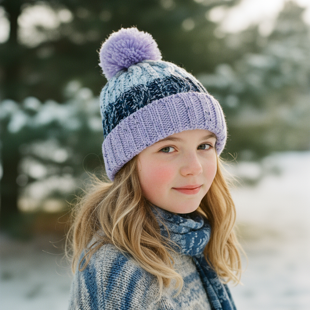 Child wearing a blue and purple knit hat with a pom-pom in a snowy outdoor setting