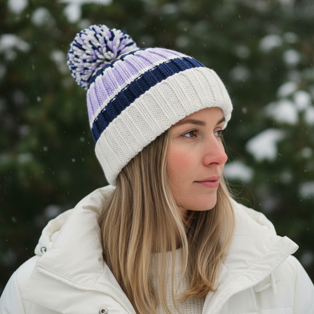 Woman wearing a white knit beanie with purple and blue accents in a snowy forest setting