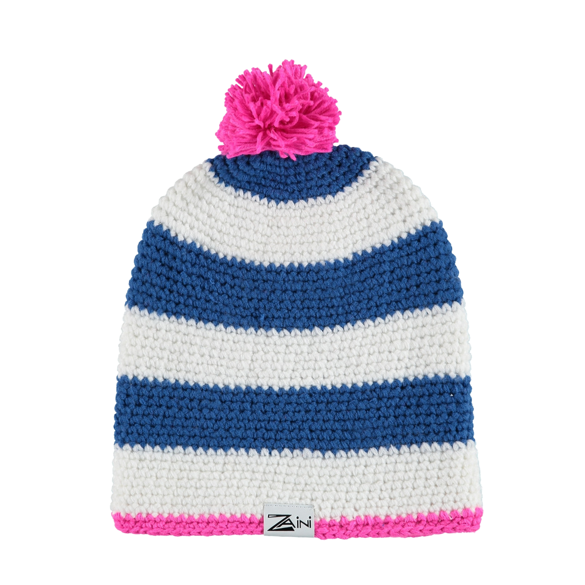 A striped beanie bobble hat with hot pink, white, and navy colors, with a pink pom-pom on top.