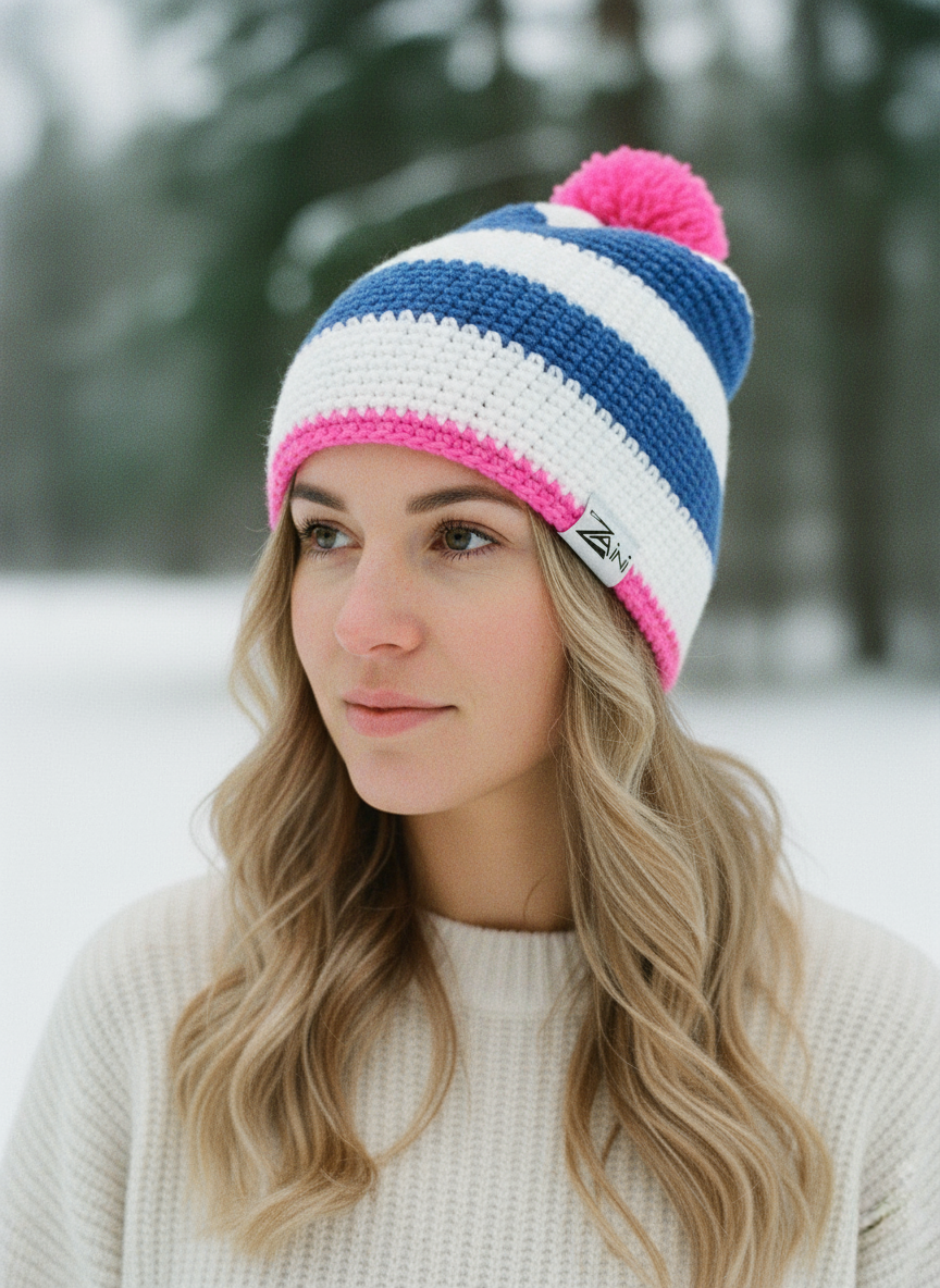 Woman wearing a colorful striped beanie in a snowy landscape
