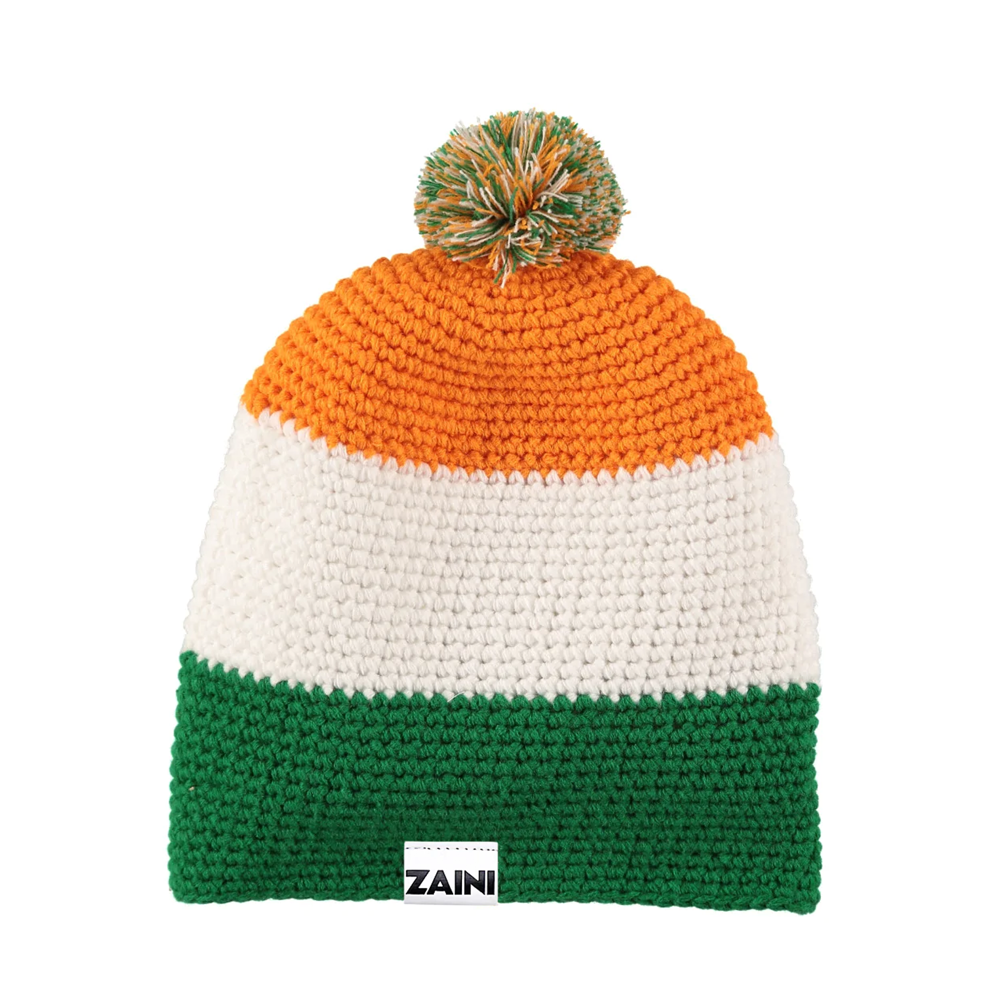 A striped beanie bobble hat with an orange, white, and green color scheme, featuring a pom-pom on top and a label with the brand name 'ZAINI' on the side.