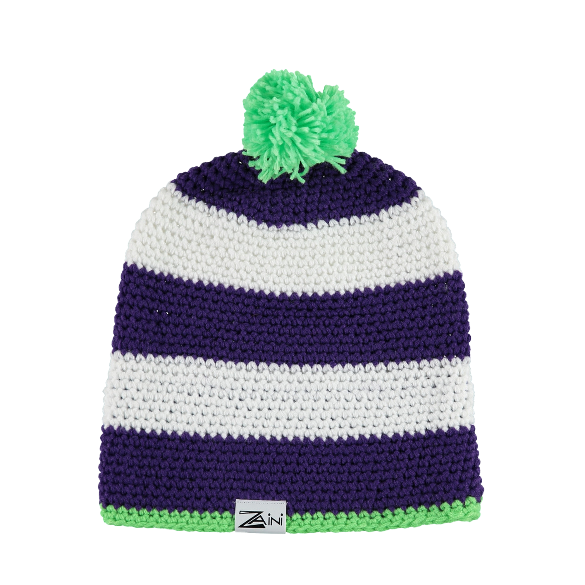 A striped beanie bobble hat with deep purple, white, and vibrant green colors, with a green pom-pom on top.