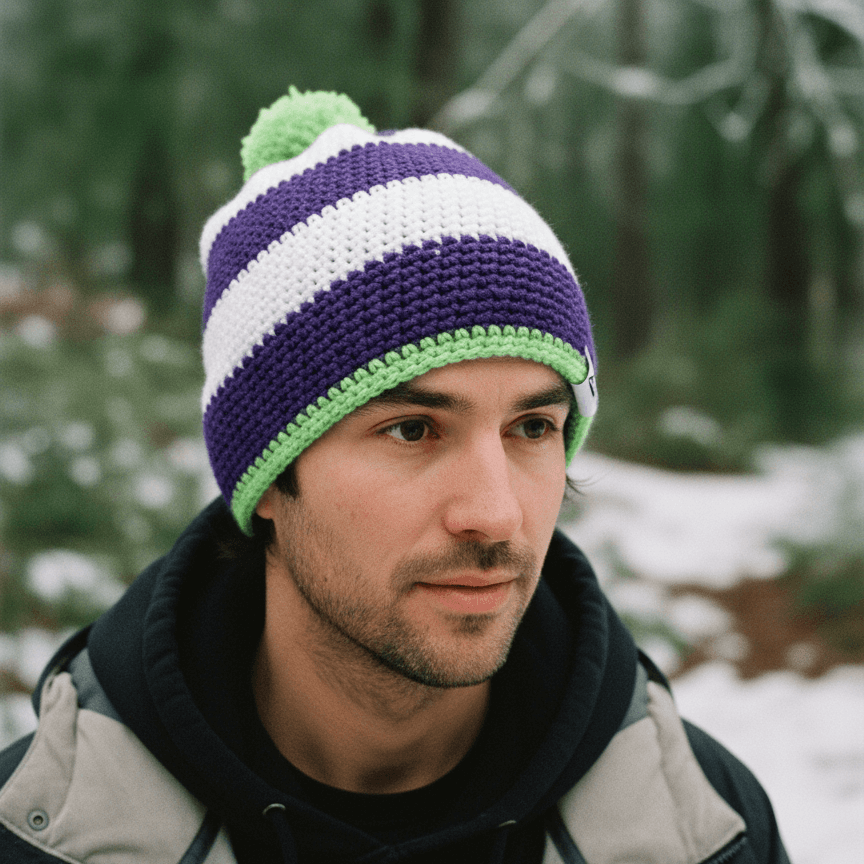 Man wearing a striped knit hat in a snowy forest setting