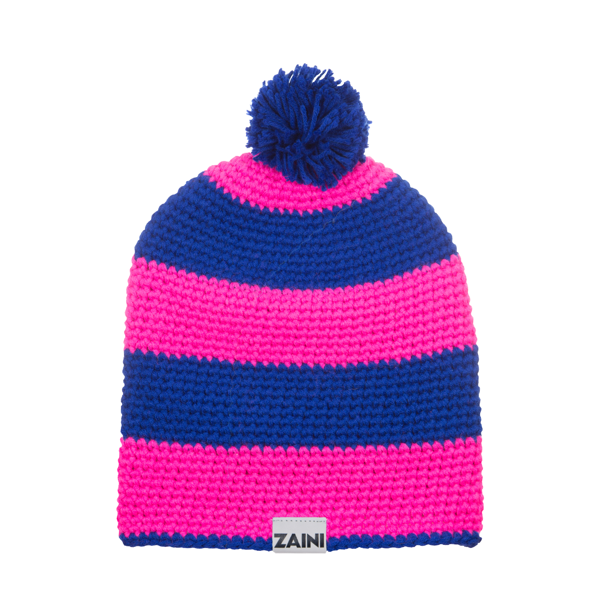 A striped bobble hat with blue and pink colors, branded with the label 'ZAINI'.