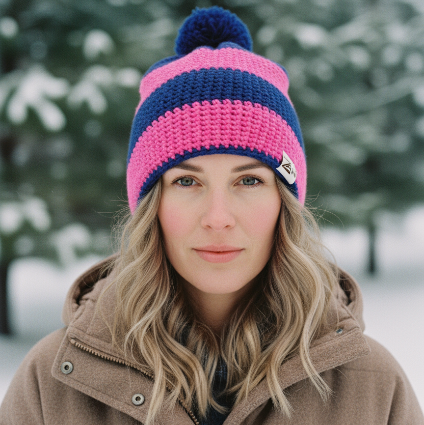 Person wearing a pink and blue striped knit hat in a snowy landscape