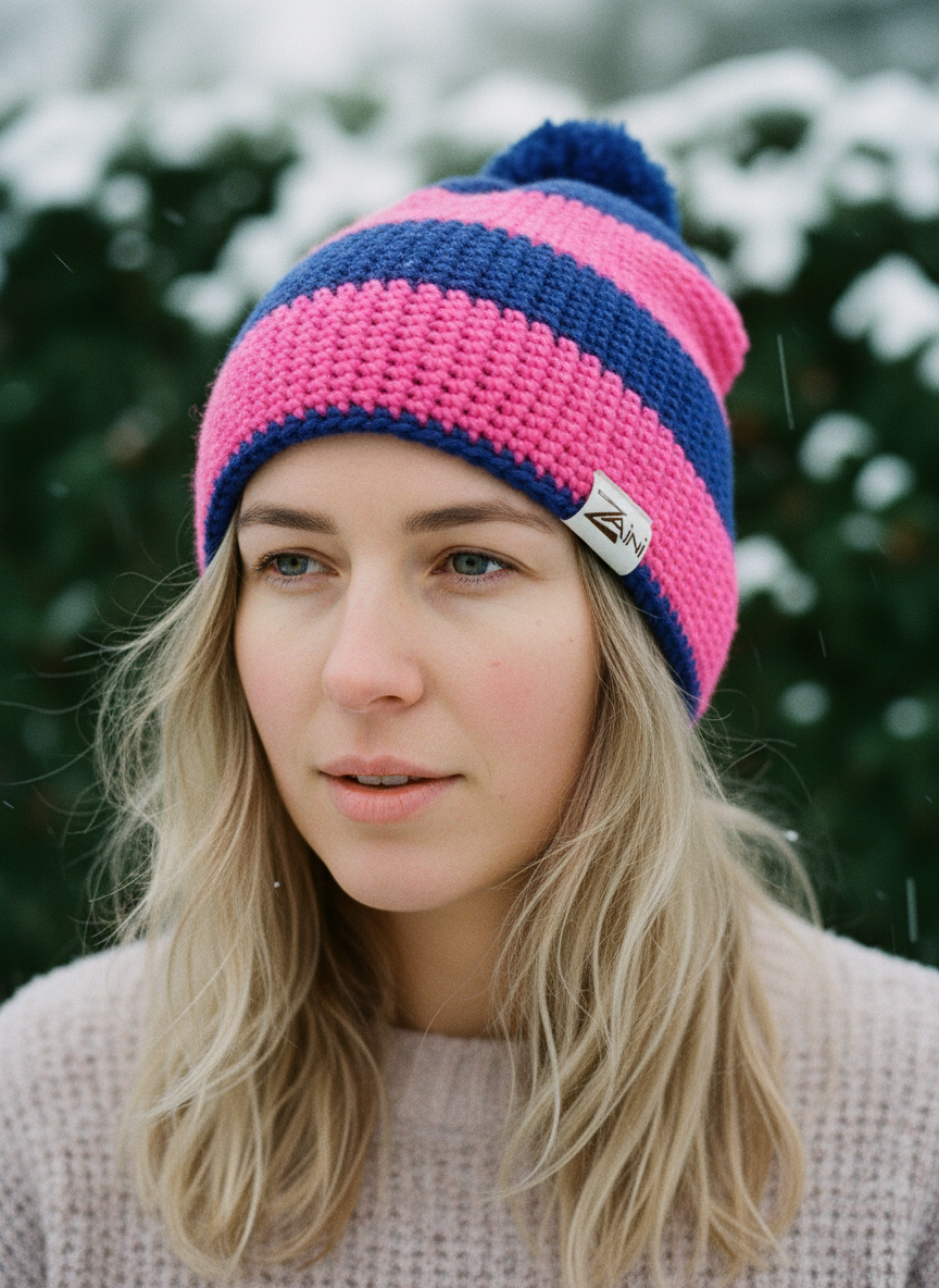 Person wearing a pink and blue striped knit beanie with a brand logo, standing outdoors with blurred greenery in the background.