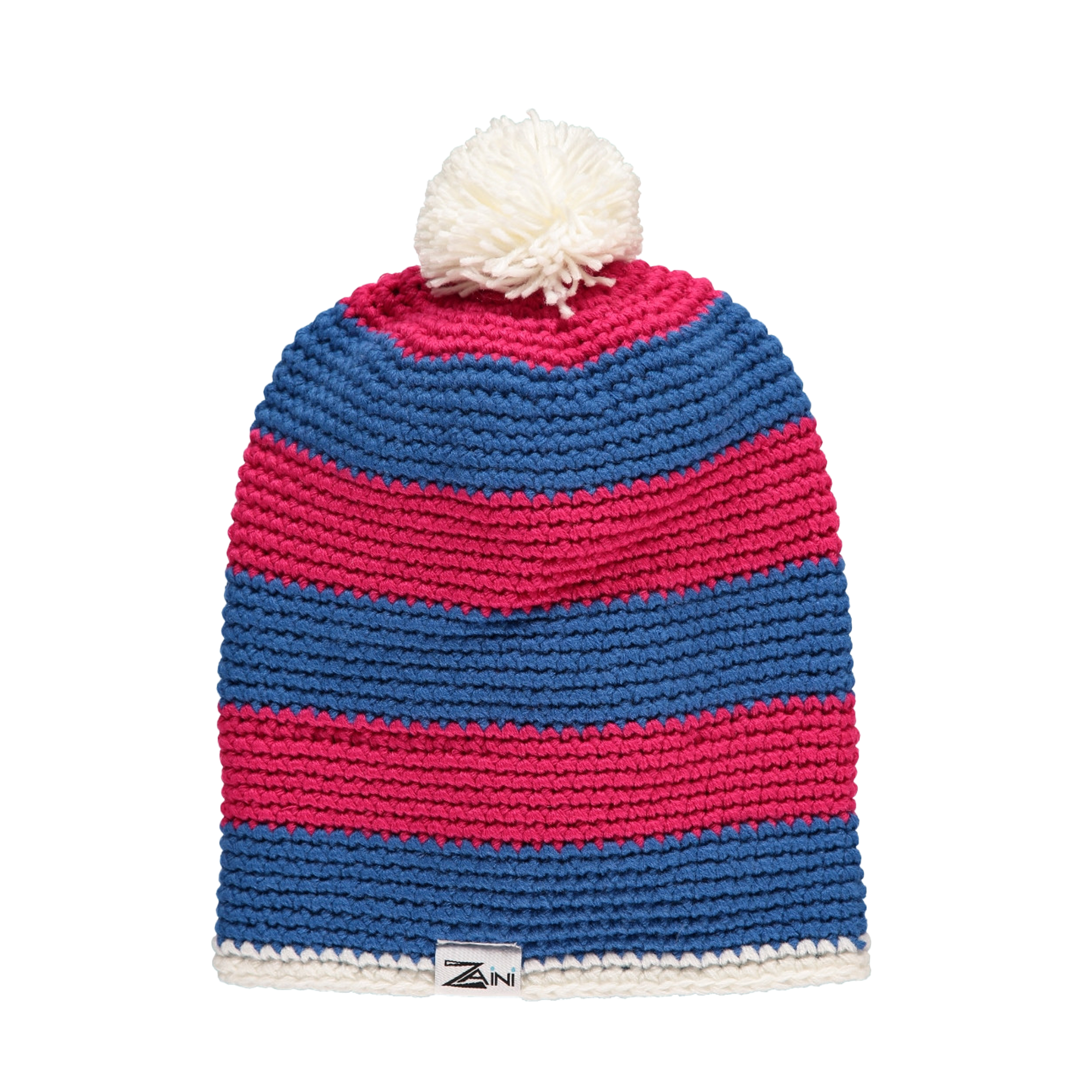 A striped bobble hat with cherry red, blue, and white colors, made from 100% acrylic, with a pom-pom on the top.