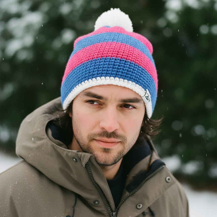 Man wearing a colorful knit beanie and winter coat in a snowy setting