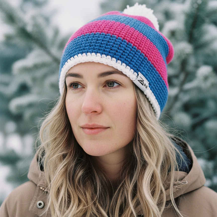 Person wearing a colorful knit beanie with trees in the background