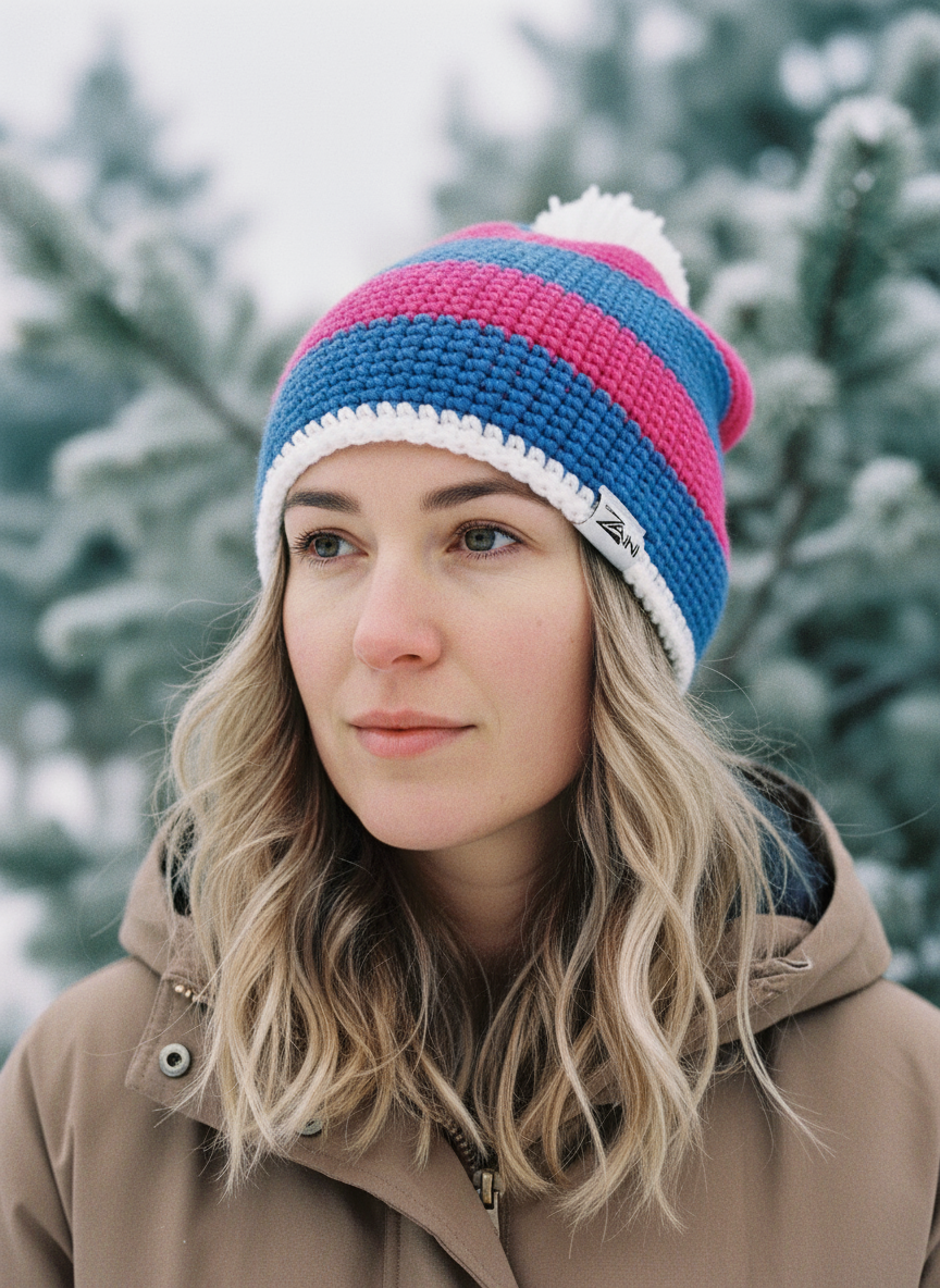 Person wearing a colorful knit beanie with trees in the background