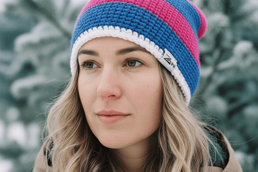Woman wearing a colorful striped beanie in a snowy forest setting