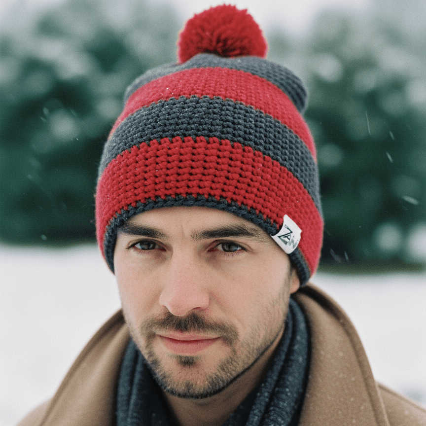 Man wearing a red and gray striped knit hat with a pom-pom in a snowy landscape