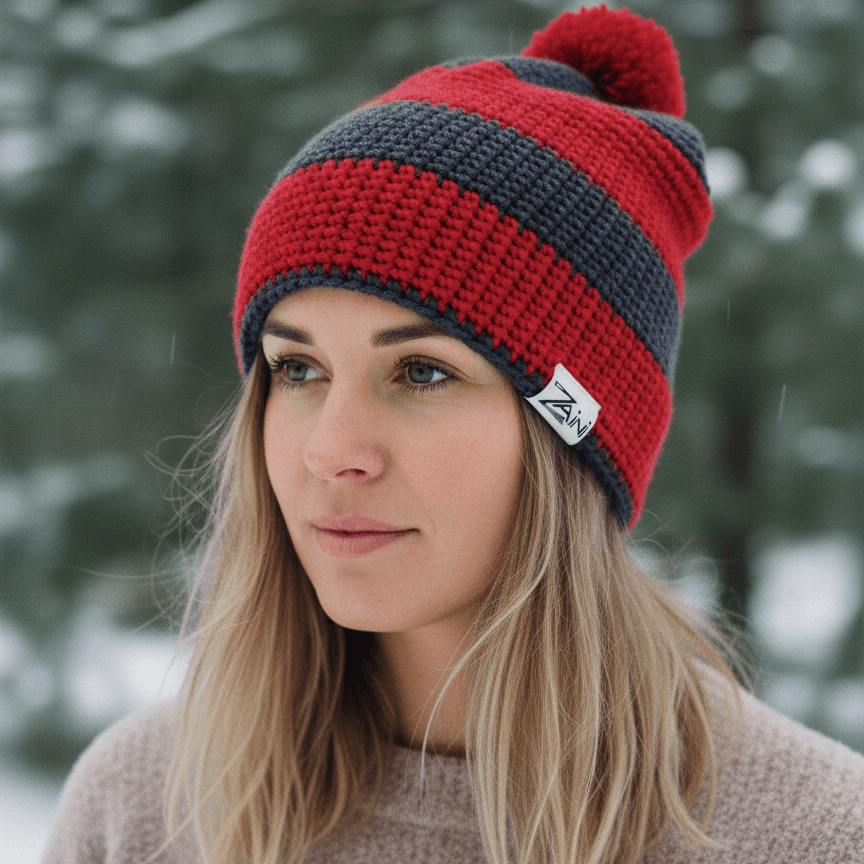 Woman wearing a red and gray striped beanie with a brand logo in a snowy forest setting