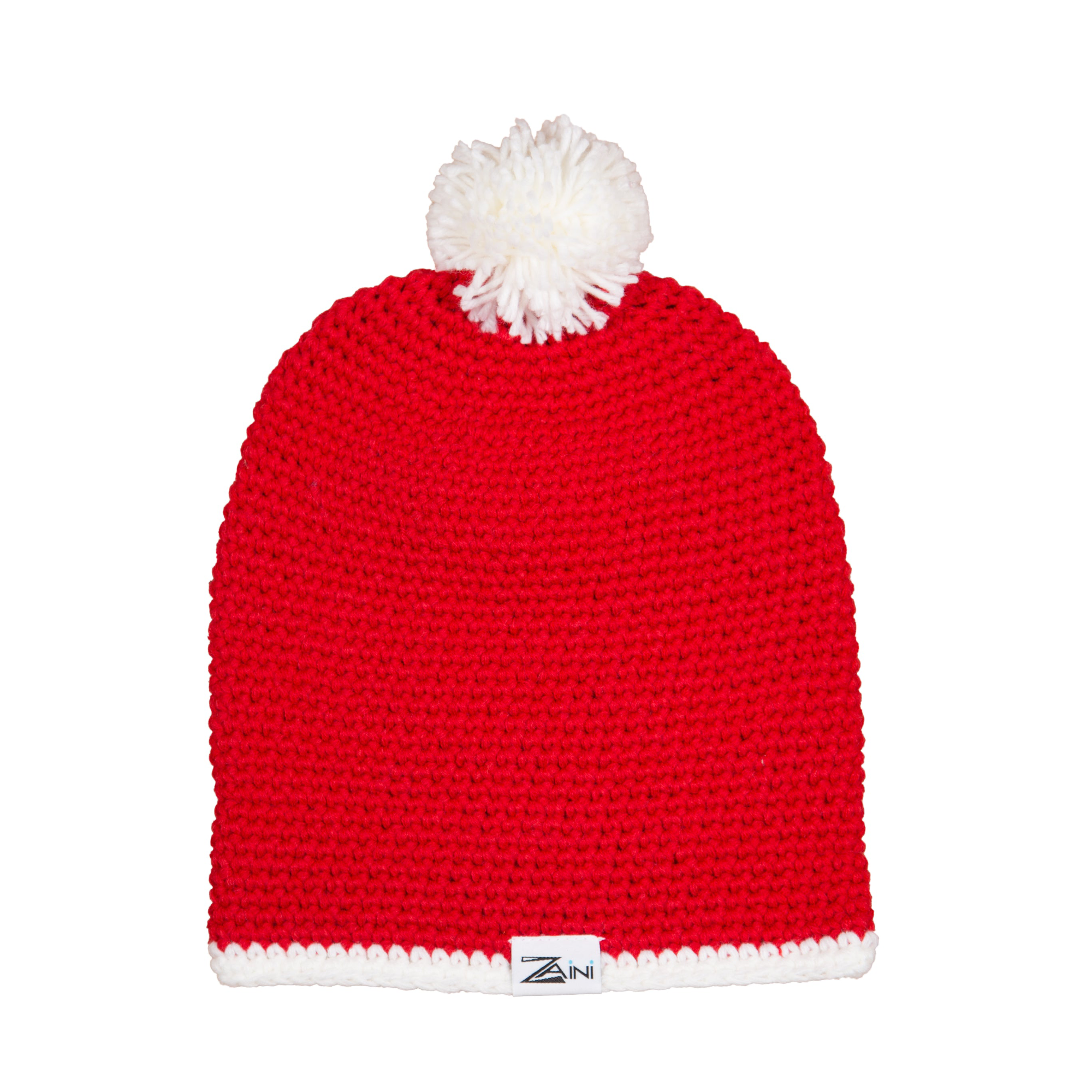 A festive red crochet beanie bobble hat with a white pompom on top, made from 100% acrylic, with a white trim around the base.