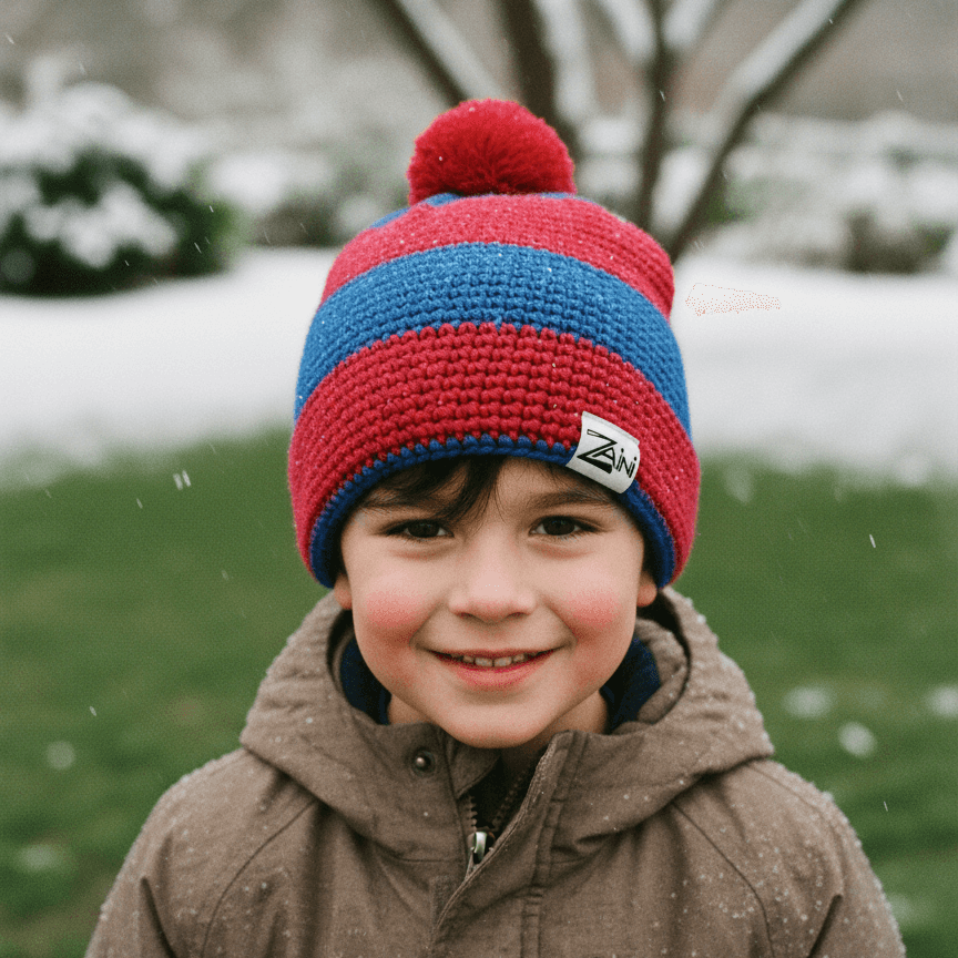 Child wearing a red and blue striped knit hat with a pom-pom in a snowy outdoor setting.