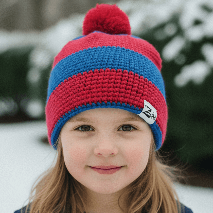 Child wearing a red and blue striped knit hat with a brand logo in a snowy background