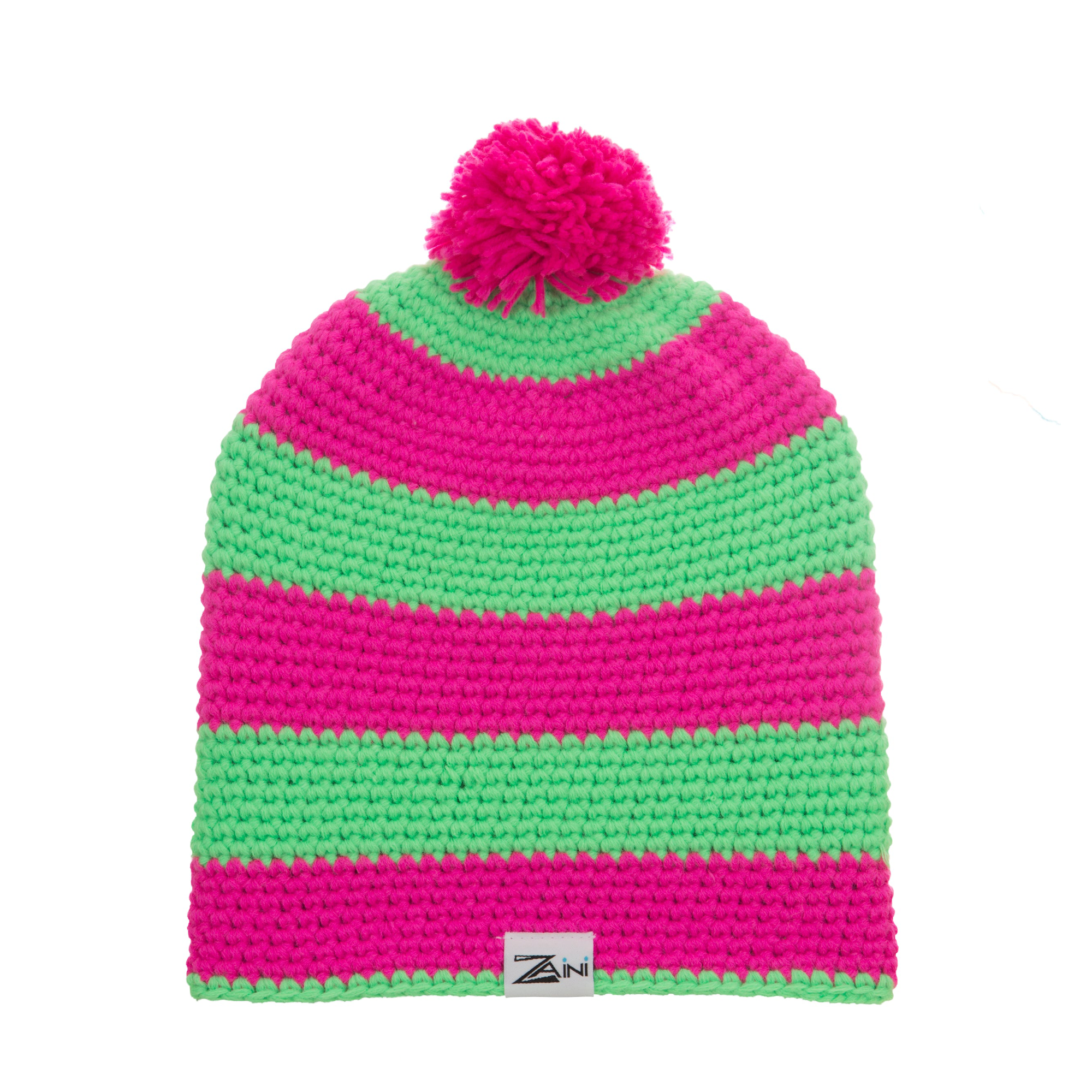 A striped bobble hat with hot pink and vibrant green colors, handmade from soft acrylic, with a pom-pom on top.
