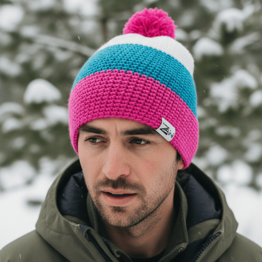 Person wearing a colorful knit beanie with a brand logo in a snowy outdoor setting