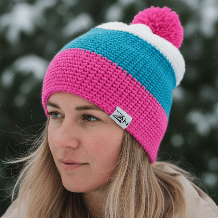 Person wearing a colorful knit beanie with a blurred snowy background