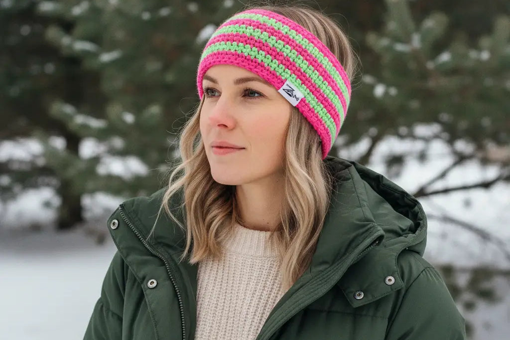 Zaini Nevis pink and green crocheted headband