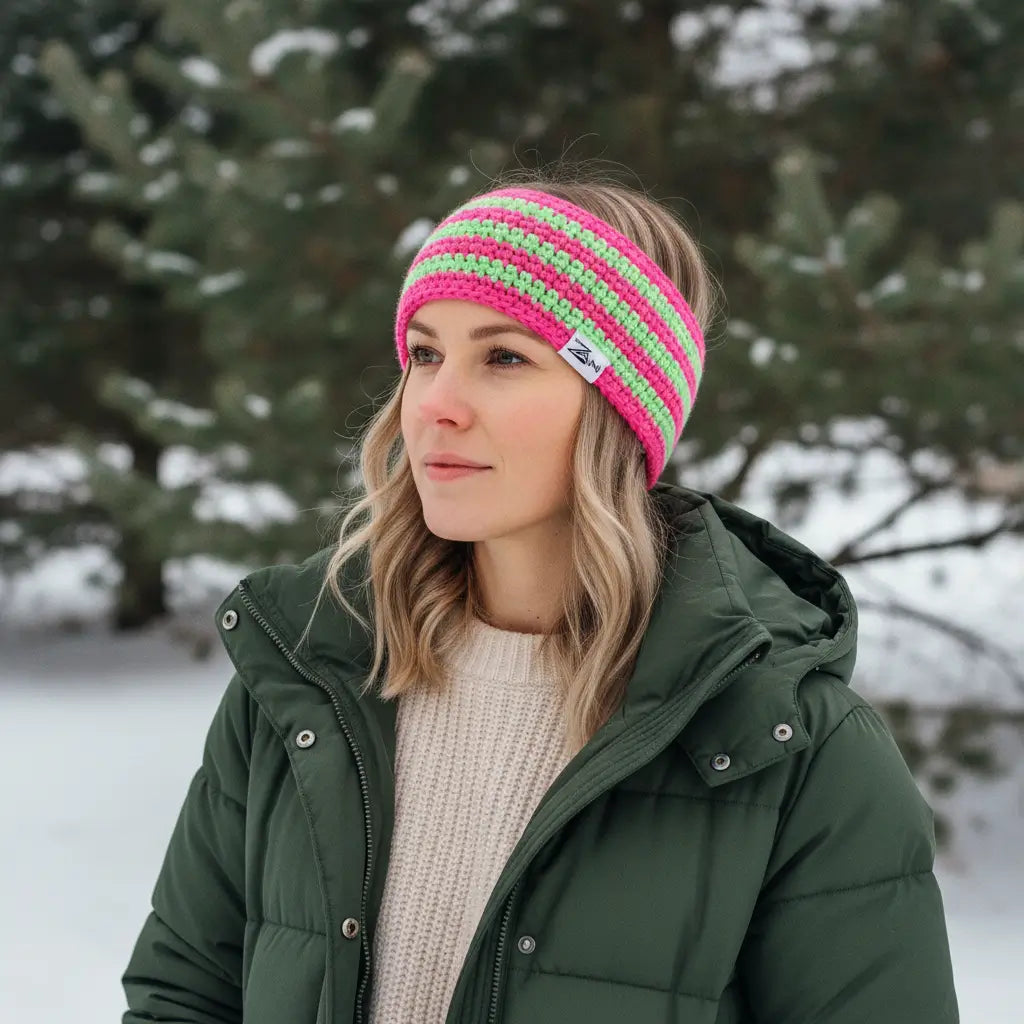 Zaini Nevis pink and green crocheted headband