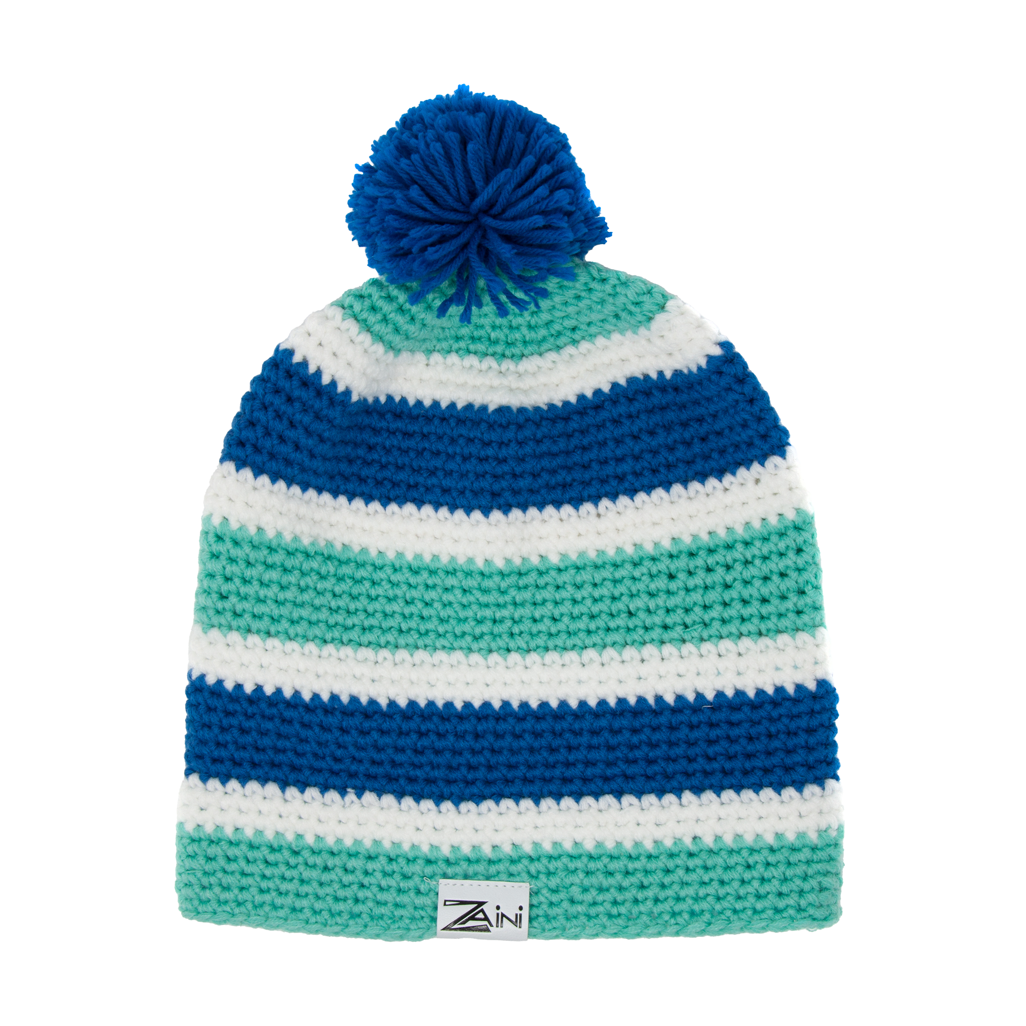 A striped bobble hat with blue, turquoise, and white colors, made from acrylic, with a pom-pom on the top.