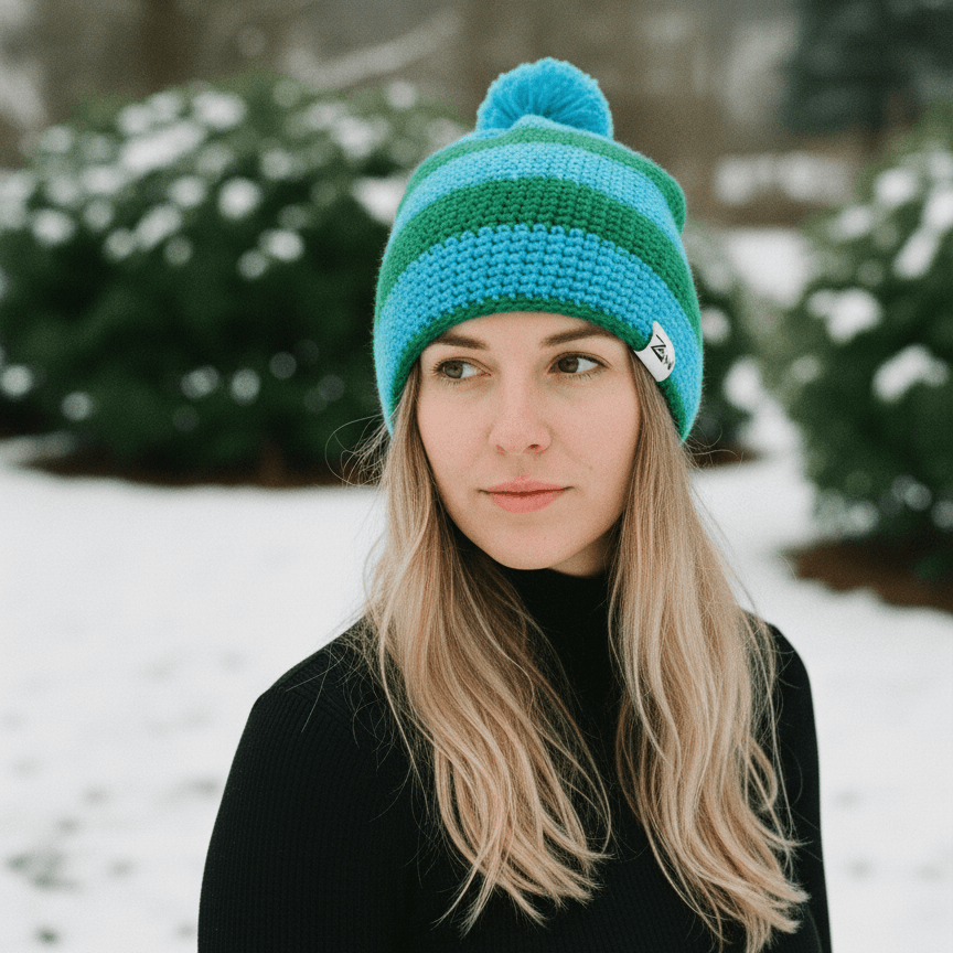 Person wearing a blue and green striped beanie in a snowy outdoor setting