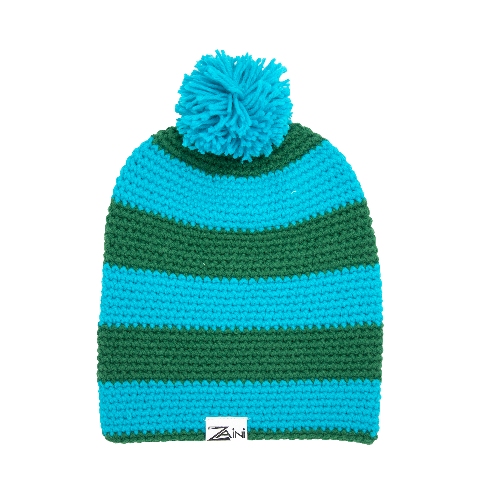 A striped bobble hat with blue and green colors, handmade from soft acrylic, with a pom-pom on top.