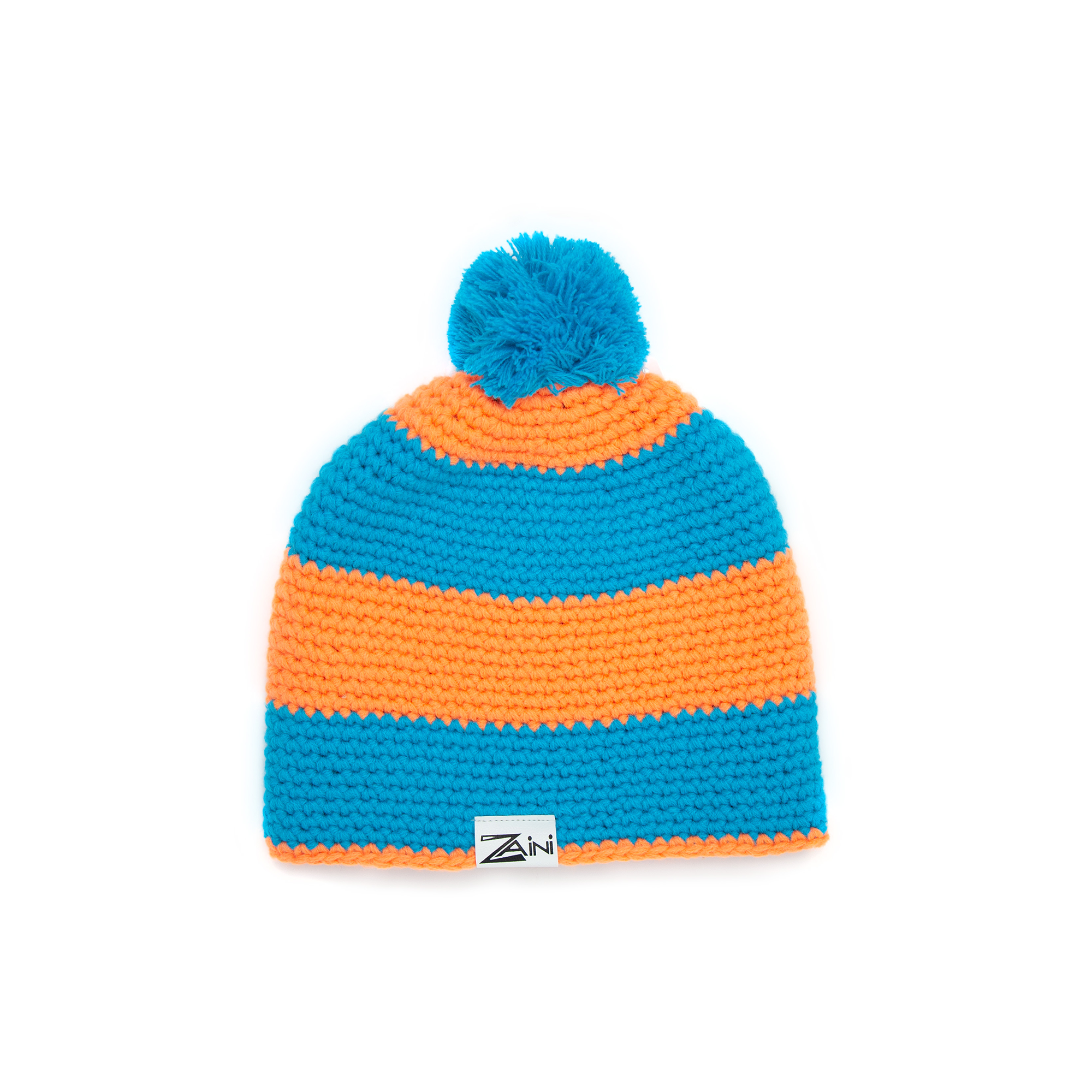 A striped kids' beanie bobble hat in blue and orange with a pom-pom on top.