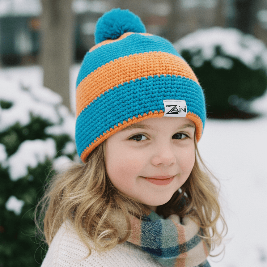 Child wearing a blue and orange knit hat with a brand logo, standing in a snowy outdoor setting.