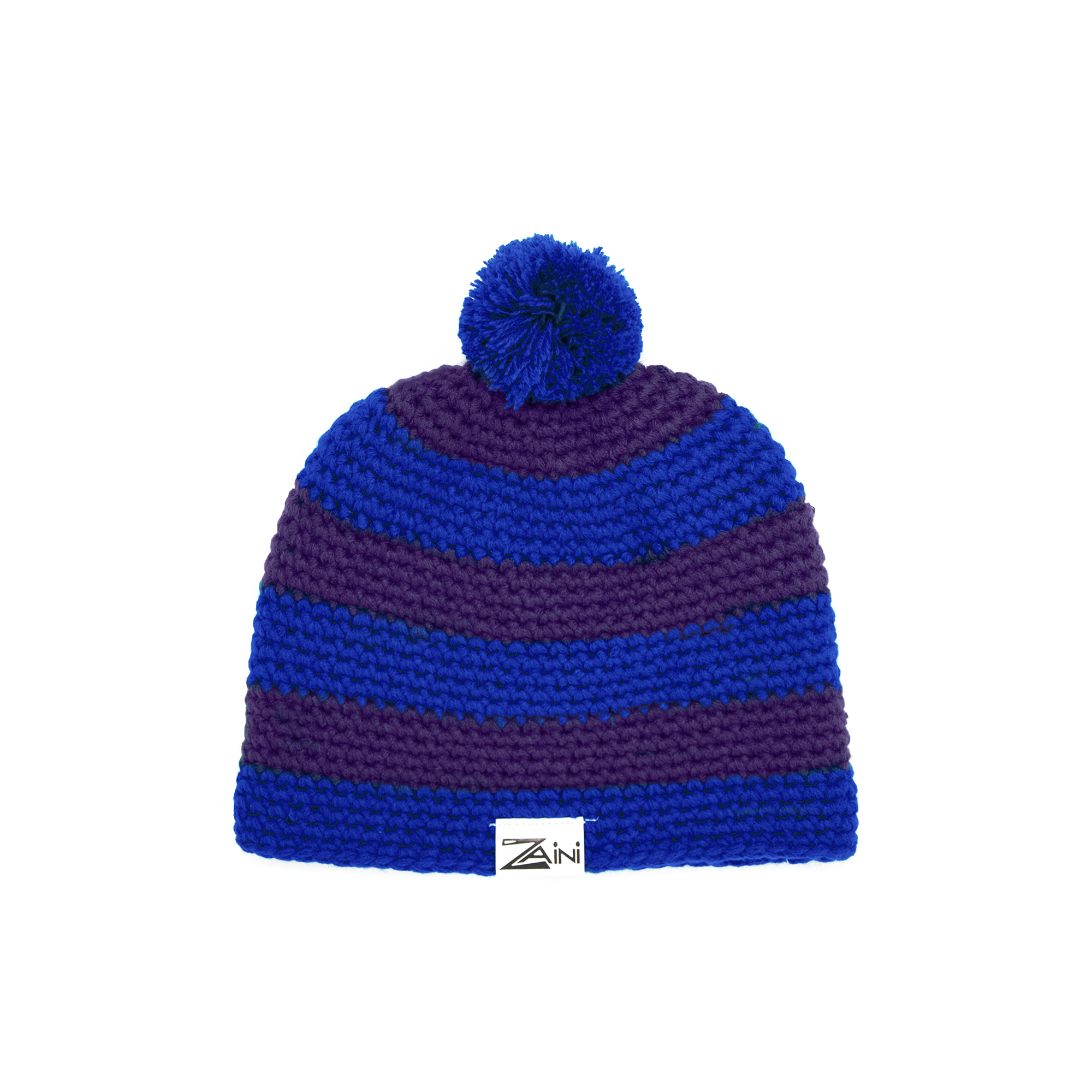 A striped navy and purple bobble hat with a pom-pom on a white background.