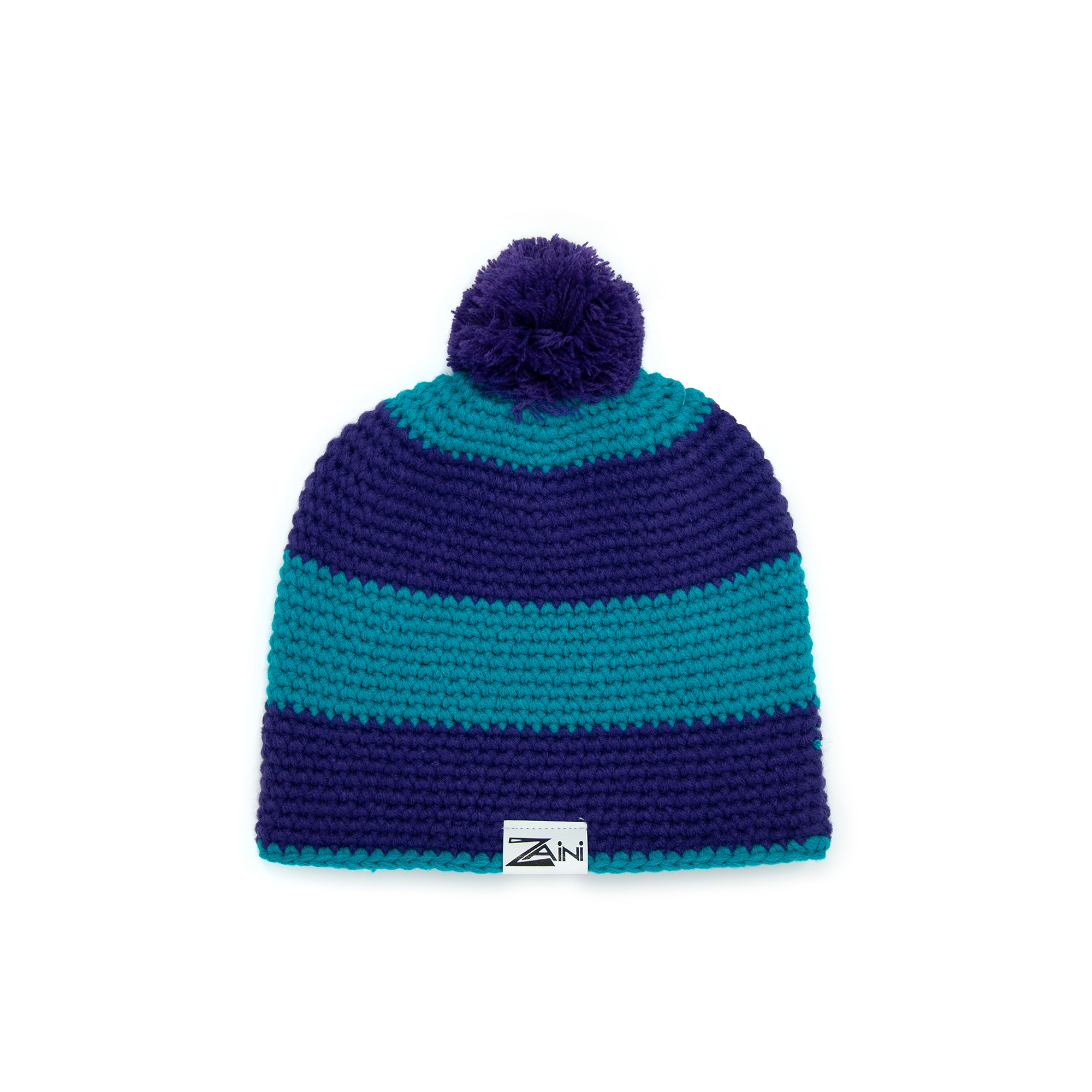 A striped kids' beanie bobble hat in blue and purple colors with a pom-pom on top.