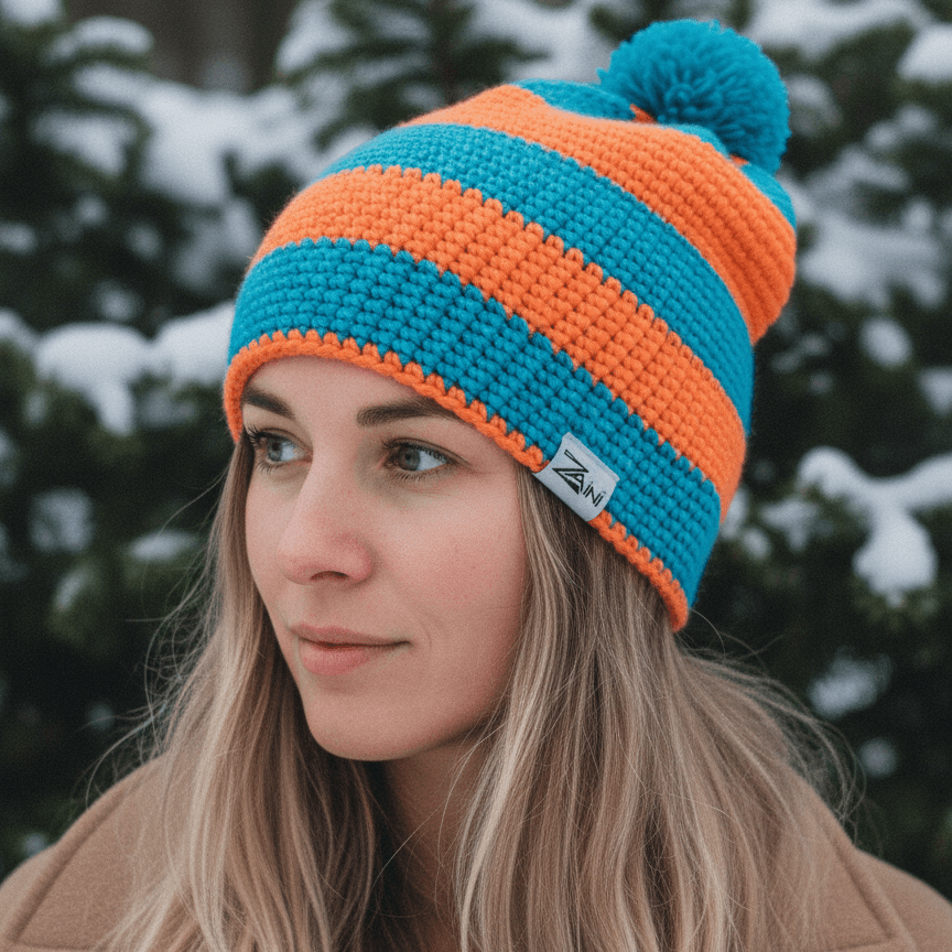 Person wearing a blue and orange striped beanie with a pom-pom in a snowy forest setting