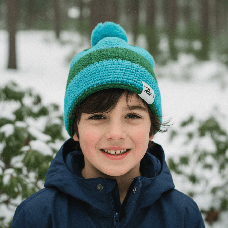 Child wearing a blue and green striped beanie with a pom-pom in a snowy forest.