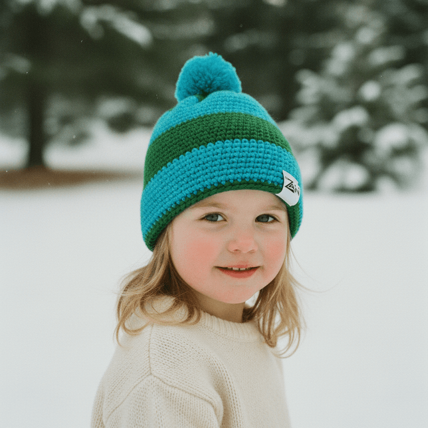 Child wearing a blue and green striped knit hat in a snowy landscape