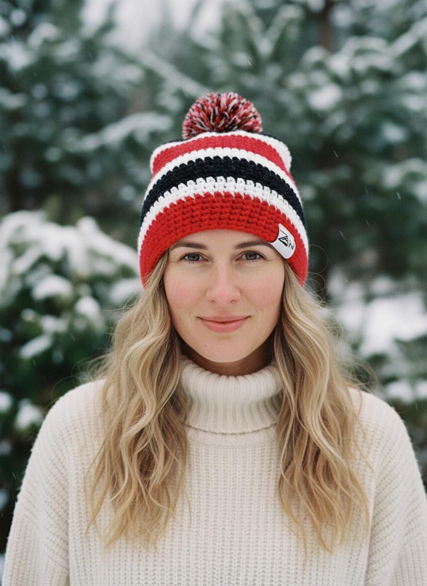 Woman wearing a red, white, and black striped knit beanie in a snowy forest.
