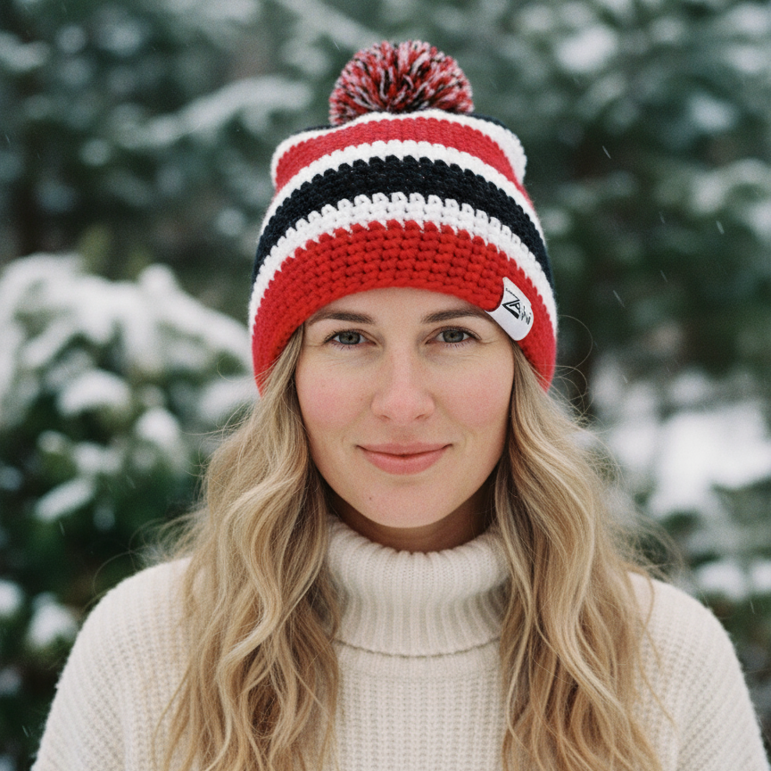 Woman wearing a red, white, and black striped knit beanie in a snowy forest.