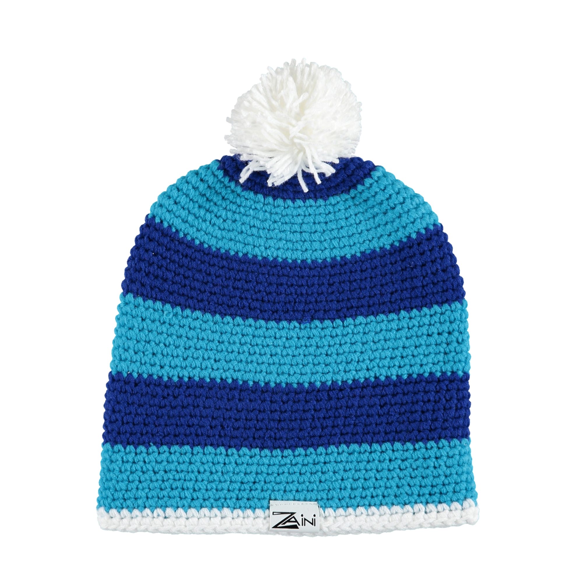 A striped bobble hat with white, blue, and navy colors, made from acrylic, with a pom-pom on the top.