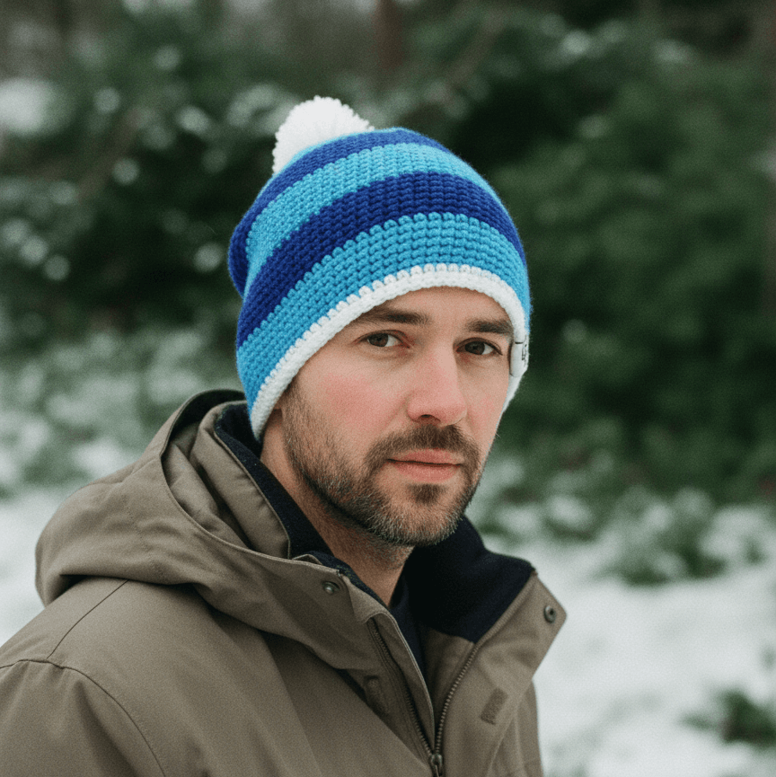 Man wearing a blue striped beanie with a white pom-pom in a snowy forest setting