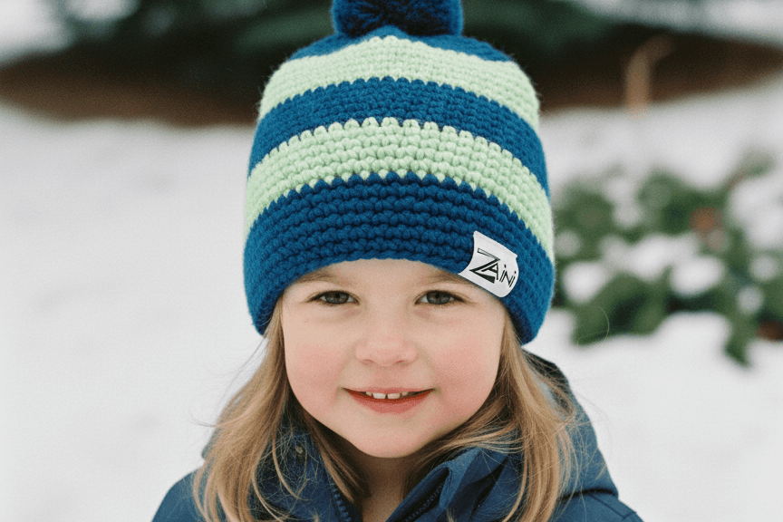 Child wearing a blue and green striped knit hat with a pom-pom in a snowy outdoor setting.