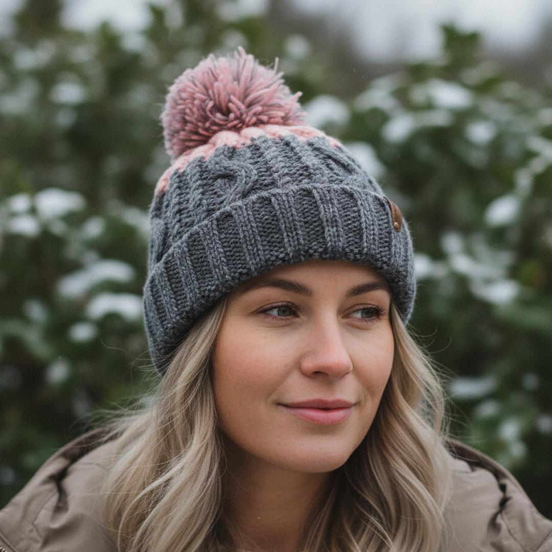 Woman wearing a gray knit beanie with a pink pom-pom outdoors
