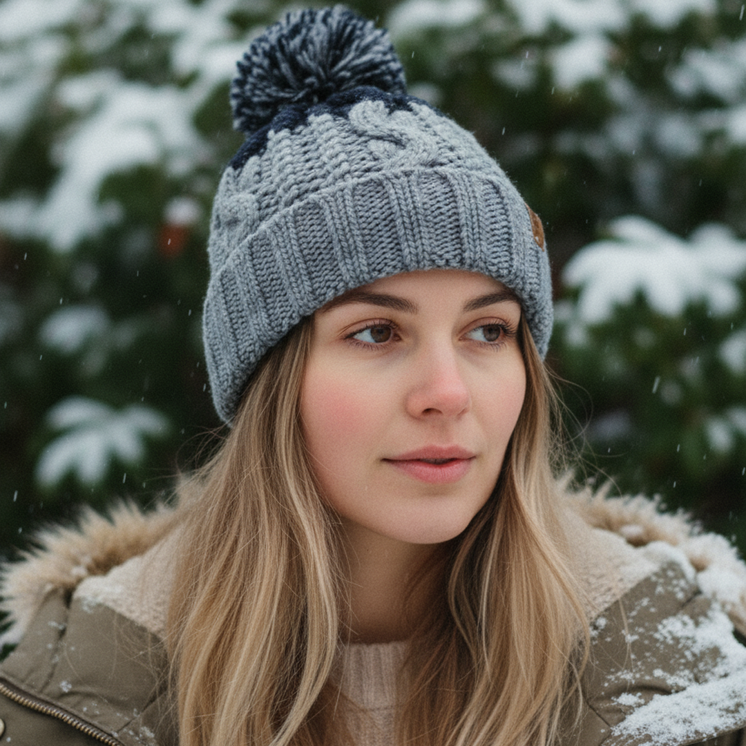 Woman wearing a gray knit beanie with a pom-pom in a snowy outdoor setting