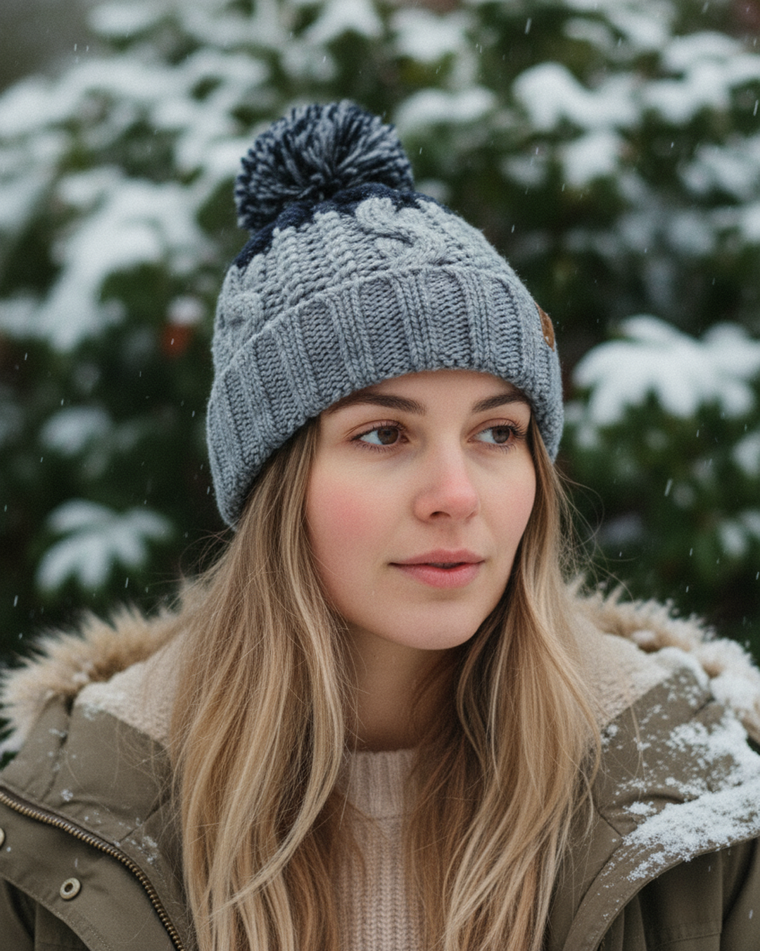 Woman wearing a gray knit beanie with a pom-pom in a snowy outdoor setting