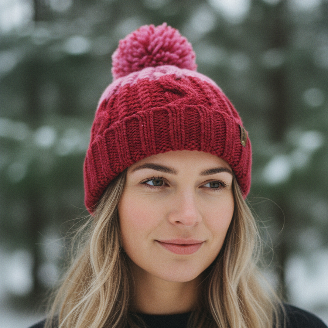 Woman wearing a red knit beanie with a pom-pom in a snowy forest setting