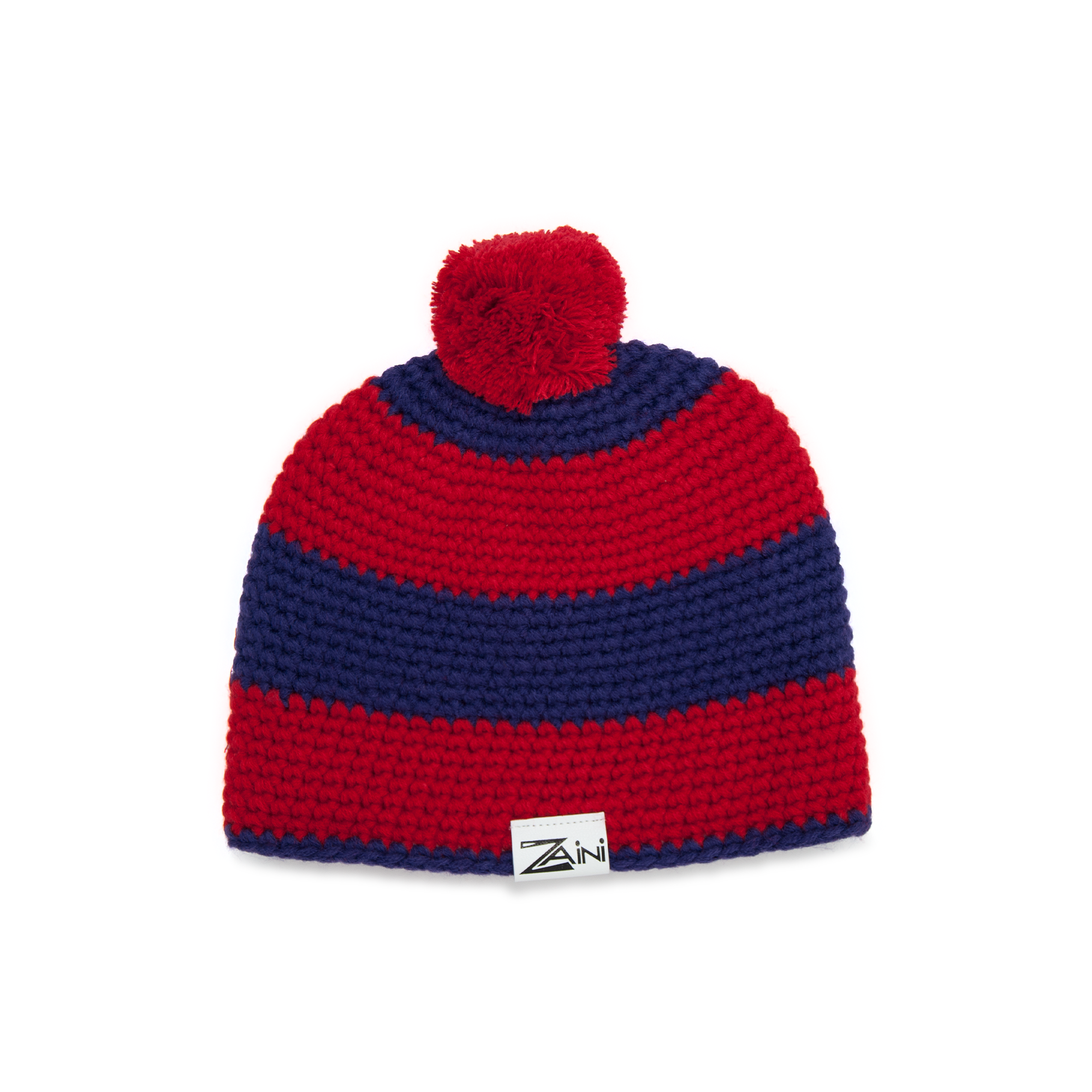 A striped bobble hat in deep purple and red with a fleece lining, designed for children.
